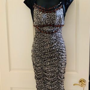 Ruched gathered leopard rhinestone midi dress